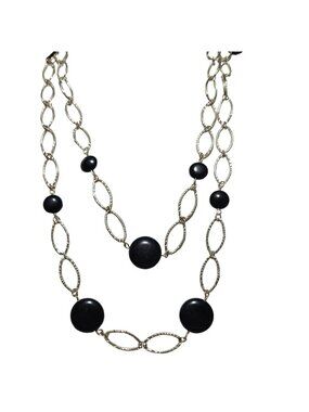 Elegant Chain Link Beaded Necklace Black Disc Beads Silver Tone Fashion Jewelry